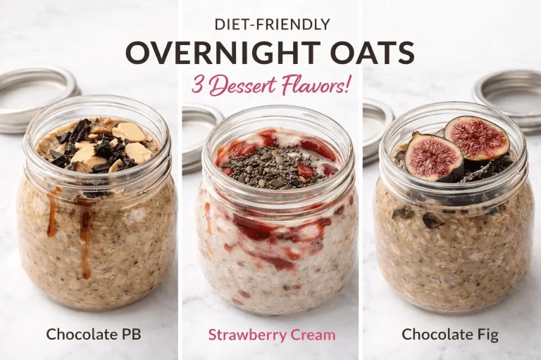 A collage titled "DIET-FRIENDLY OVERNIGHT OATS: 3 Dessert Flavors!" featuring three different jars of oats on a marble surface. From left to right, the flavors are: "Chocolate PB" with peanut butter and chocolate chunks; "Strawberry Cream" with a red fruit swirl and chia seeds; and "Chocolate Fig" topped with fresh sliced figs and dark chocolate bits.