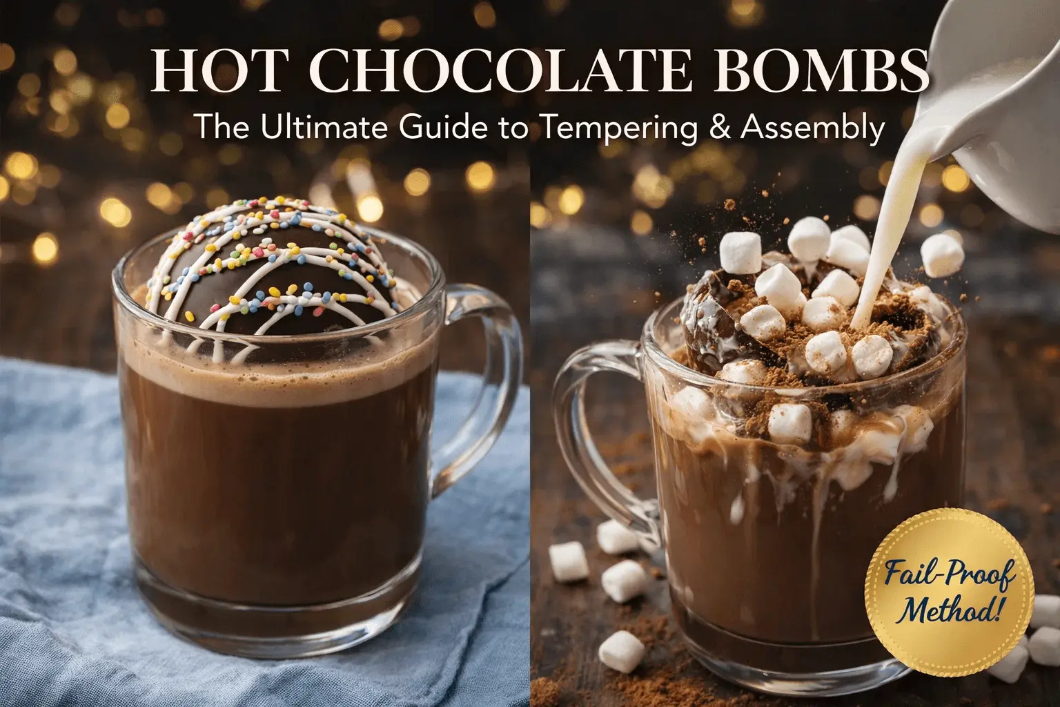 A two-part collage titled "HOT CHOCOLATE BOMBS: The Ultimate Guide to Tempering & Assembly." The left panel shows a decorated chocolate bomb sitting on top of a clear mug of hot milk. The right panel shows hot milk being poured from a pitcher onto the bomb, which is melting to release cocoa powder and mini marshmallows. A gold seal in the corner reads "Fail-Proof Method!"