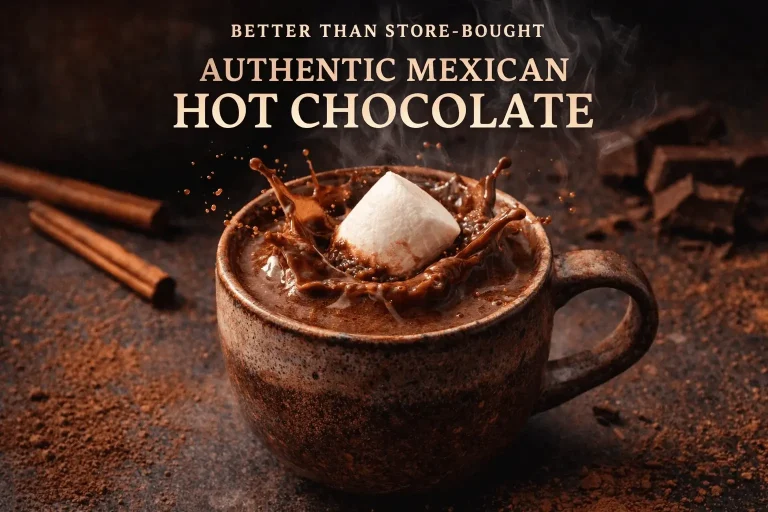 A rustic ceramic mug of steaming hot chocolate with a dramatic splash as a large white marshmallow is dropped into it. Cinnamon sticks, cocoa powder, and pieces of dark chocolate are scattered around the base on a dark textured surface. Cream-colored text at the top reads "BETTER THAN STORE-BOUGHT" and "AUTHENTIC MEXICAN HOT CHOCOLATE."