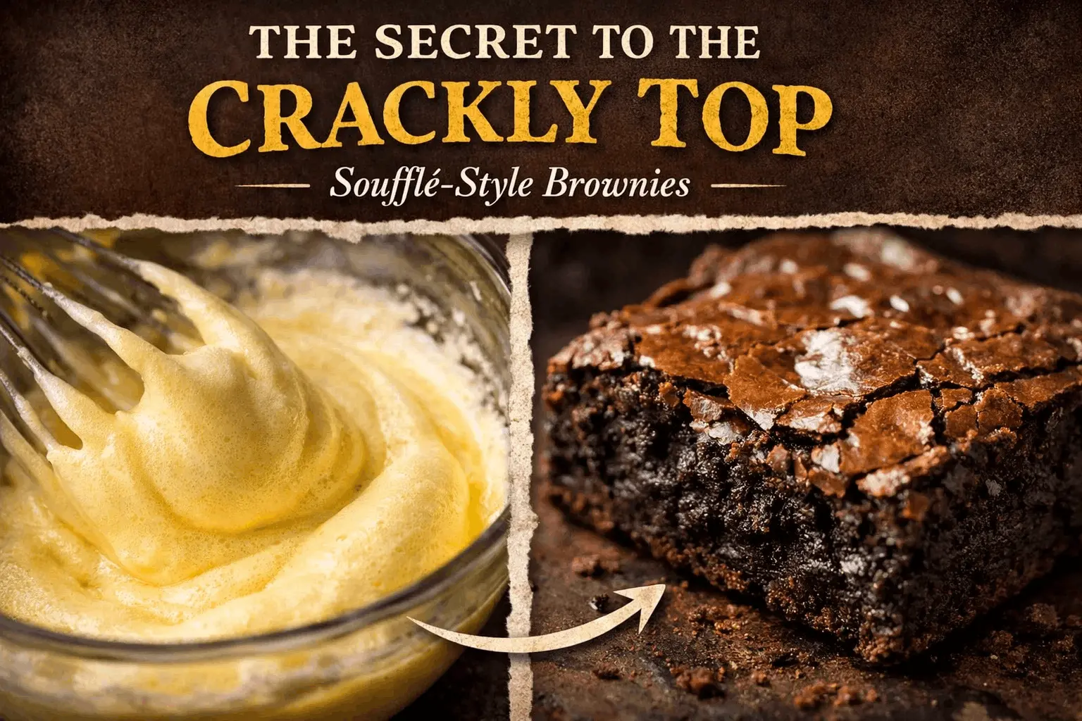 A two-part graphic titled "THE SECRET TO THE CRACKLY TOP: Soufflé-Style Brownies." The left side shows a bowl of thick, frothy, pale yellow batter being whisked. An arrow points to the right panel, which features a close-up of a finished dark chocolate brownie with a shiny, paper-thin cracked top.