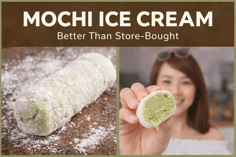 A two-part collage titled "MOCHI ICE CREAM Better Than Store-Bought." The left panel shows a long roll of green mochi heavily dusted with white powder on a wooden surface. The right panel shows a woman holding a small, round mochi cut in half to reveal a creamy green ice cream center.
