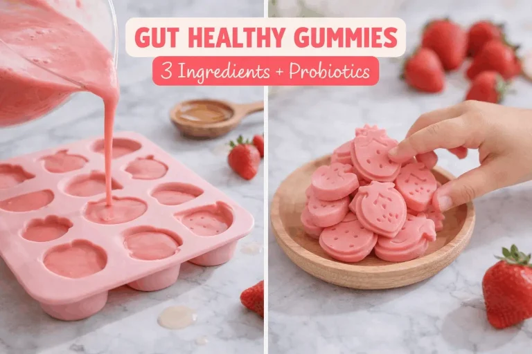 A two-part food collage titled "GUT HEALTHY GUMMIES: 3 Ingredients + Probiotics." The left panel shows a thick pink fruit mixture being poured into a silicone mold shaped like various fruits. The right panel shows a child's hand reaching for finished strawberry-shaped gummies piled on a small wooden plate, with fresh strawberries nearby.