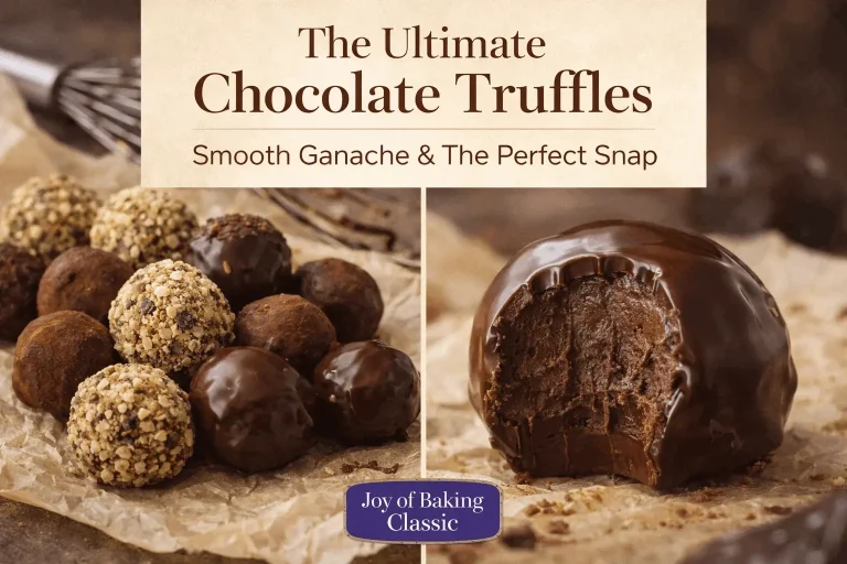 A two-part food collage titled "The Ultimate Chocolate Truffles: Smooth Ganache & The Perfect Snap." The left panel shows a variety of round truffles with different coatings—cocoa powder, chopped nuts, and glossy chocolate glaze—sitting on crumpled parchment paper. The right panel features a close-up of a chocolate-dipped truffle with a bite taken out, revealing a dense, smooth dark chocolate ganache center. A purple "Joy of Baking Classic" label is centered at the bottom.
