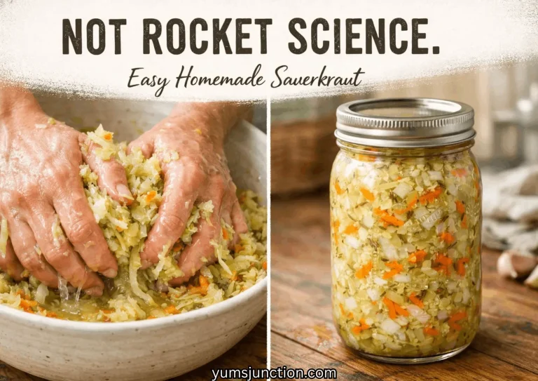 A two-part collage titled "NOT ROCKET SCIENCE: Easy Homemade Sauerkraut." The left panel shows two hands vigorously mixing shredded cabbage and carrots in a large white bowl to release their juices. The right panel features the finished mixture packed into a sealed glass mason jar on a rustic wooden table. The website "yumsjunction.com" is printed at the bottom.