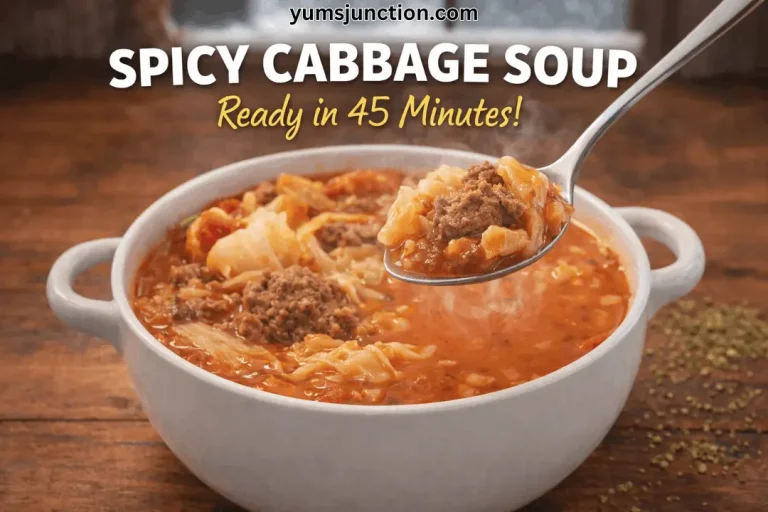 A vertical food graphic titled "SPICY CABBAGE SOUP" in bold white letters. The image shows a steaming white bowl of soup on a rustic wooden table, with a silver spoon lifting a scoop of cabbage and ground meat. A subtitle in yellow script reads "Ready in 45 Minutes!" and the website "yumsjunction.com" is printed at the top.