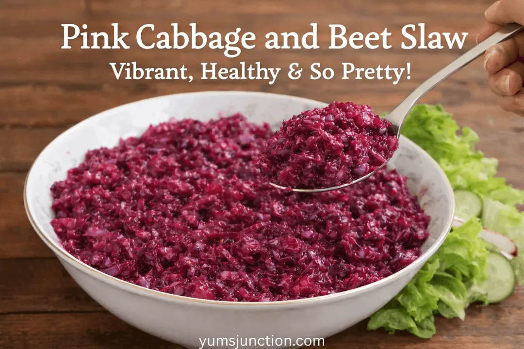 A large white bowl filled with a vibrant magenta-colored pink cabbage and beet slaw. A hand holds a silver spoon lifting a scoop of the finely shredded slaw. Fresh green lettuce and cucumber slices are in the background on a wooden surface. White text at the top reads "Pink Cabbage and Beet Slaw: Vibrant, Healthy & So Pretty!" with yumsjunction.com written on bottom