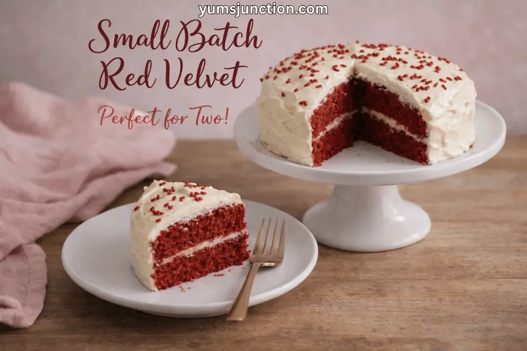 A vertical food graphic titled "Small Batch Red Velvet: Perfect for Two!" featuring a two-layer mini Red Velvet cake on a white pedestal stand. In the foreground, a single slice of the cake with red sprinkles sits on a white plate next to a gold fork. The scene is set on a wooden table with a dusty pink linen cloth and the website "yumsjunction.com" at the top.