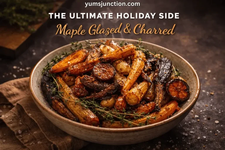 A vertical food graphic titled "THE ULTIMATE HOLIDAY SIDE: Maple Glazed & Charred." The image features a rustic ceramic bowl overflowing with roasted, deeply caramelized, and charred carrots garnished with fresh thyme sprigs. The scene is set in warm, moody lighting on a dark wooden table with a brown linen napkin. The website "yumsjunction.com" is printed at the top.