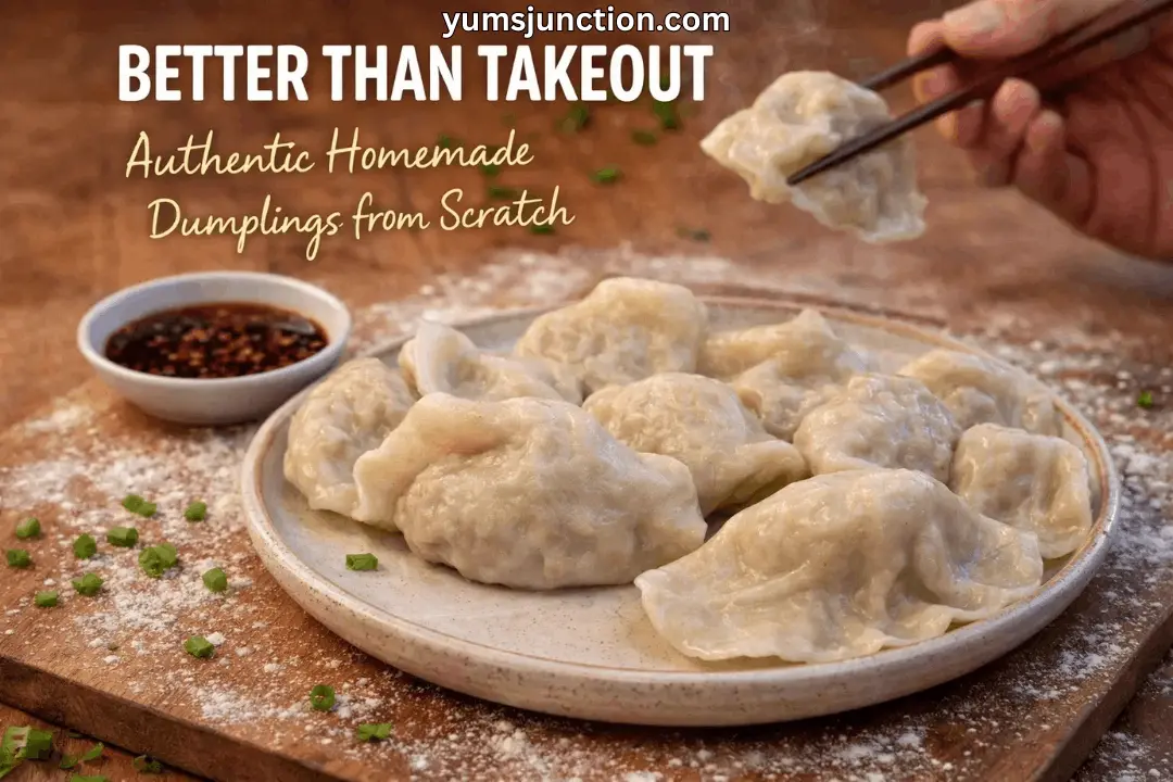 A horizontal food blog graphic from yumsjunction.com featuring steaming hot, handmade dumplings on a ceramic plate. A person’s hand uses dark wooden chopsticks to lift one of the plump dumplings. The scene includes a small bowl of chili dipping sauce, scattered green onions, and flour on a rustic wooden table. Text overlays read: "BETTER THAN TAKEOUT: Authentic Homemade Dumplings from Scratch."