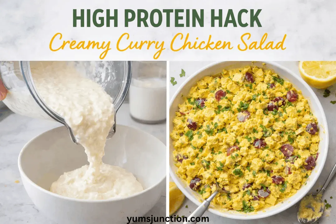 A two-part recipe collage titled "HIGH PROTEIN HACK: Creamy Curry Chicken Salad." The left panel shows a thick, white blended dressing being poured from a blender into a bowl. The right panel features a top-down view of the finished yellow chicken salad garnished with red grapes and fresh parsley. The website yumsjunction.com is at the bottom.