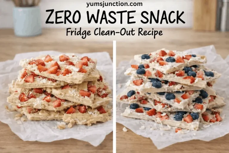 A side-by-side collage titled "ZERO WASTE SNACK: Fridge Clean-Out Recipe." The left side shows a stack of white yogurt bark pieces topped with fresh strawberry slices and shredded coconut. The right side shows a similar stack topped with strawberries and blueberries. Both rest on white parchment paper on a wooden surface. on top website name " yumsjunction.com"
