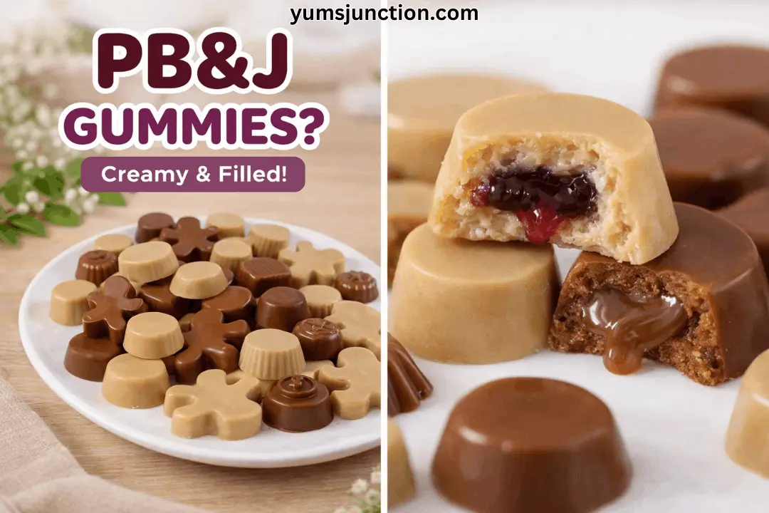A two-part collage titled "PB&J GUMMIES? Creamy & Filled!" The left panel shows a white plate piled high with assorted peanut butter and chocolate-flavored gummies. The right panel features a close-up of two gummies cut open to reveal their centers: one has a dark red jelly filling, and the other has a gooey, caramel-colored liquid center dripping out. The website "yumsjunction.com" is at the top.