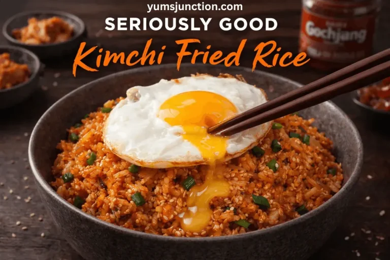 A vertical food graphic titled "SERIOUSLY GOOD Kimchi Fried Rice" with the website yumsjunction.com at the top. The image shows a close-up of a pair of wooden chopsticks piercing the yolk of a sunny-side-up egg on a bowl of fried rice, causing the yolk to run. A jar of gochujang and small side dishes of kimchi are visible in the warm, moody background.