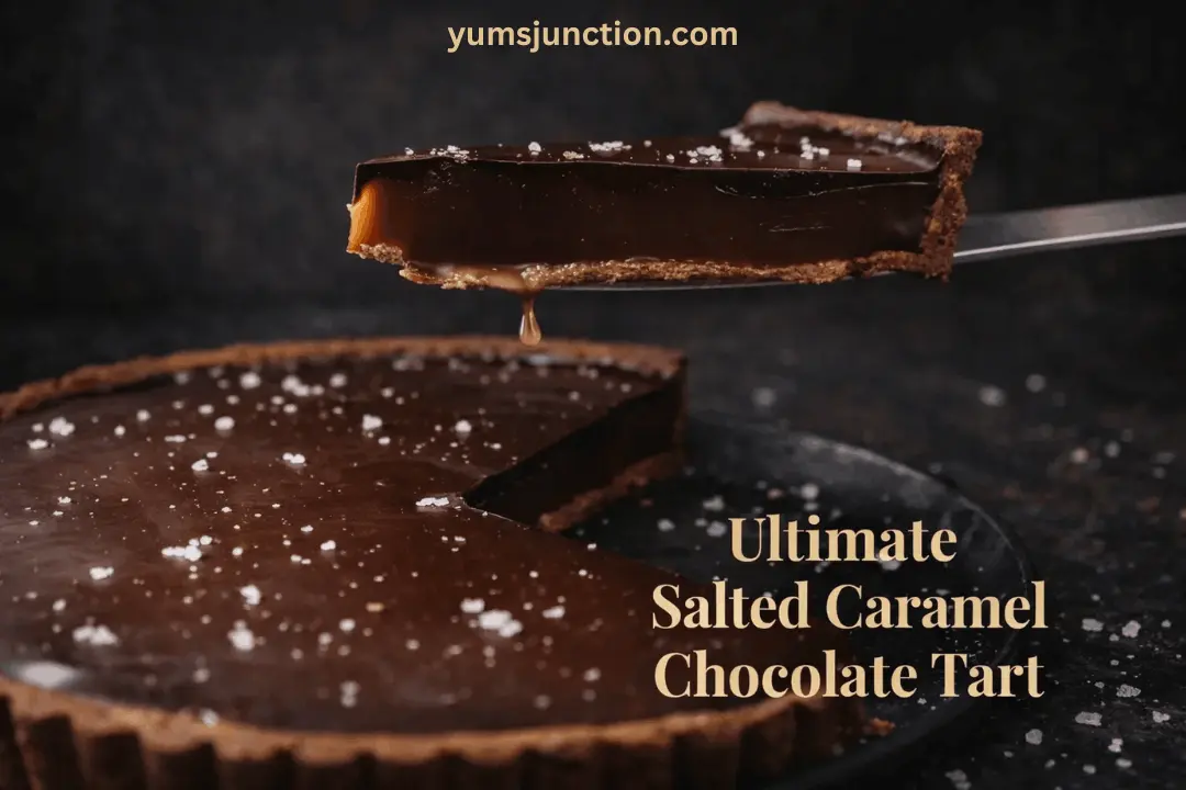 A moody food graphic titled "Ultimate Salted Caramel Chocolate Tart." The image shows a whole chocolate tart with a fluted crust, topped with glossy dark chocolate and a sprinkle of coarse sea salt flakes. A slice is being lifted by a metal server, revealing a drop of caramel dripping from the center. The website "yumsjunction.com" is printed at the top.