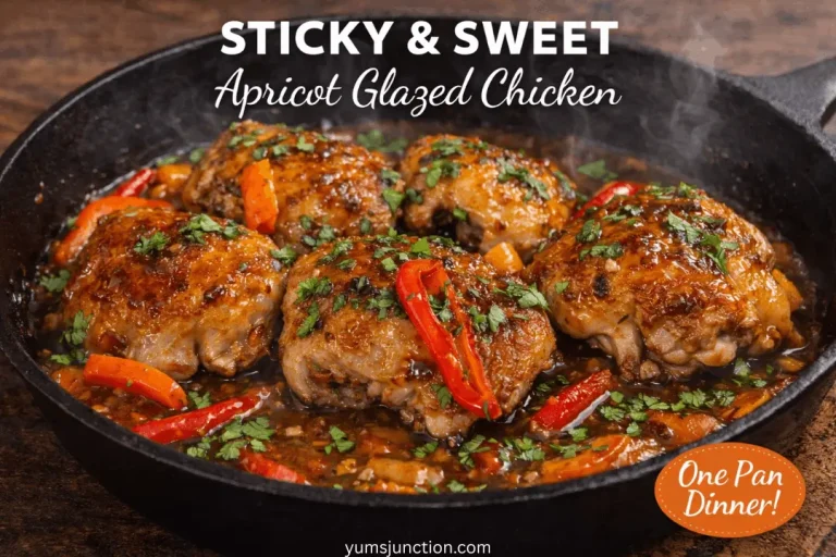 A promotional image of a black cast-iron skillet filled with simmering apricot-glazed chicken thighs, garnished with fresh chopped herbs and red and orange bell pepper slices. Steam rises from the skillet. Bold text overlays read "STICKY & SWEET Apricot Glazed Chicken" and "One Pan Dinner!" The website "yumsjunction.com" is at the bottom.