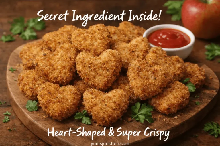A heart-shaped wooden board piled high with crispy, heart-shaped breaded chicken nuggets. The board is garnished with fresh parsley sprigs. In the background, there's a small white bowl of red dipping sauce and a blurred red apple. Text at the top reads "Secret Ingredient Inside!" and at the bottom, "Heart-Shaped & Super Crispy," with the website "yumsjunction.com" below it.