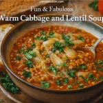 A promotional graphic featuring a hearty bowl of lentil and cabbage soup garnished with parsley. A silver spoon is dipped into the bowl, and a thick slice of crusty bread leans against the side. The background includes raw lentils on a wooden board, a fresh red tomato, and more herbs on a rustic wooden surface. Text at the top reads "yumsjunction.com" and "Fun & Fabulous Warm Cabbage and Lentil Soup."