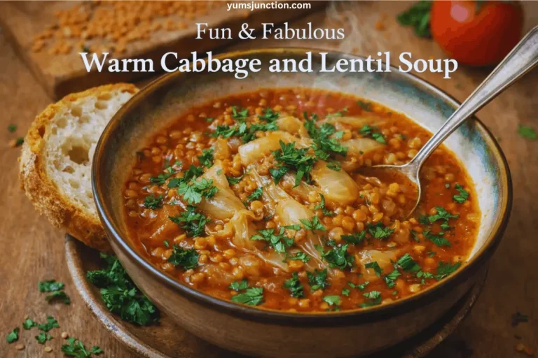 A promotional graphic featuring a hearty bowl of lentil and cabbage soup garnished with parsley. A silver spoon is dipped into the bowl, and a thick slice of crusty bread leans against the side. The background includes raw lentils on a wooden board, a fresh red tomato, and more herbs on a rustic wooden surface. Text at the top reads "yumsjunction.com" and "Fun & Fabulous Warm Cabbage and Lentil Soup."