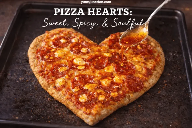 A professional food graphic featuring the heart-shaped pepperoni pizza on a dark baking sheet. A silver spoon is shown drizzling a glossy, reddish oil over the pizza. Bold white text at the top reads "PIZZA HEARTS: Sweet, Spicy, & Soulful" with the website "yumsjunction.com" above it.