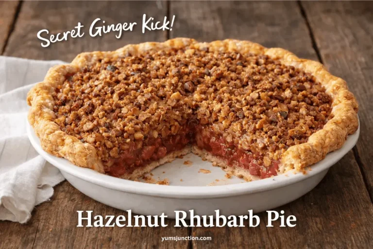 A Hazelnut Rhubarb Pie in a white pie dish with one slice removed, showing the thick red rhubarb filling. The pie has a fluted pastry crust and is covered in a chunky, golden-brown hazelnut crumble. It sits on a rustic wooden table with a white cloth napkin. Text overlays read "Secret Ginger Kick!" and "Hazelnut Rhubarb Pie" with the website "yumsjunction.com" at the bottom.