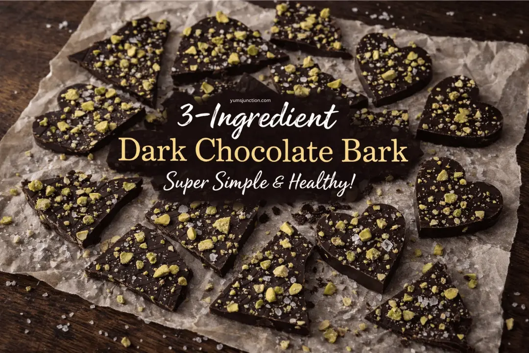 A promotional graphic for "3-Ingredient Dark Chocolate Bark." Heart-shaped and jagged pieces of dark chocolate topped with green pistachios and coarse sea salt are scattered across crumpled brown parchment paper. Text in the center reads "3-Ingredient Dark Chocolate Bark: Super Simple & Healthy!" with the website "yumsjunction.com" above it.