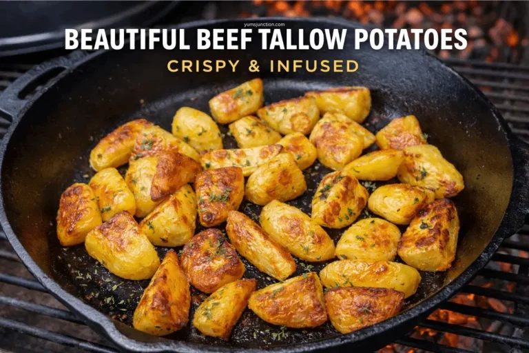 A promotional graphic featuring a black cast-iron skillet filled with golden-brown, crispy roasted potato chunks garnished with fresh green herbs. The skillet sits over a grill with glowing orange coals in the background. Bold white text at the top reads "BEAUTIFUL BEEF TALLOW POTATOES" followed by smaller yellow text that says "CRISPY & INFUSED." The URL "yumsjunction.com" is centered at the very top.