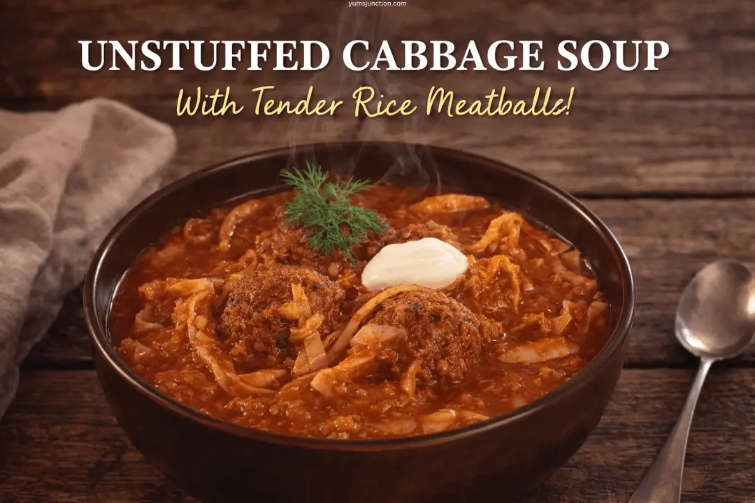 A steaming bowl of red tomato-based soup filled with large meatballs and shredded cabbage. The soup is served in a dark brown ceramic bowl on a rustic wooden table, garnished with a dollop of sour cream and a sprig of fresh dill. A silver spoon and a tan cloth napkin are beside the bowl. Bold white text at the top reads "UNSTUFFED CABBAGE SOUP" with "With Tender Rice Meatballs!" in yellow script below it. The URL "yumsjunction.com" is at the very top.