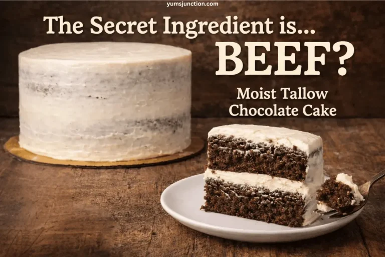 A promotional graphic for a "Moist Tallow Chocolate Cake" featuring a tall two-layer chocolate cake with a rustic thin coating of white frosting. In the foreground, a slice of the cake sits on a white plate with a fork taking a bite, showing the moist dark chocolate layers. Large text reads "The Secret Ingredient is... BEEF?" and "Moist Tallow Chocolate Cake." The scene is set on a dark, rustic wooden surface.