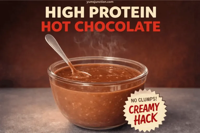 A promotional graphic for "High Protein Hot Chocolate." It features a steaming glass bowl filled with thick, creamy hot chocolate and a silver spoon resting inside. The background is a warm, dark brown. Bold text at the top reads "HIGH PROTEIN HOT CHOCOLATE." A starburst-shaped badge in the lower right corner says "NO CLUMPS! CREAMY HACK." The website "yumsjunction.com" is at the very top.