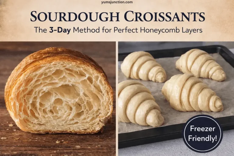 A promotional graphic for "Sourdough Croissants" featuring the text "The 3-Day Method for Perfect Honeycomb Layers" at the top. On the left, a close-up shows the airy, intricate honeycomb interior of a sliced, baked croissant. On the right, four shaped raw croissant dough rolls are shown on a parchment-lined baking sheet, with a "Freezer Friendly!" badge in the corner.