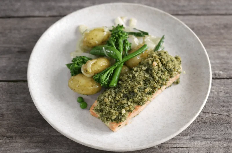 Baked Honey Mustard Crusted Salmon with Warm Potato Salad