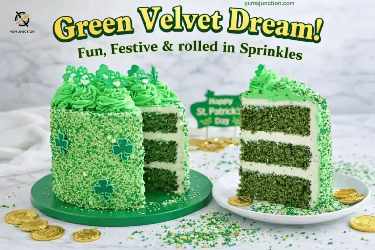 A promotional graphic for a "Green Velvet Dream!" cake. It shows the sprinkle-covered St. Patrick's Day cake with a slice cut out, revealing three layers of dark green velvet cake with white cream cheese frosting. A large slice sits on a white plate beside the main cake. The scene is decorated with gold chocolate coins and loose sprinkles on a white marble surface, with a small "Happy St. Patrick's Day" sign in the background. Bold text at the top reads "Green Velvet Dream!" and "Fun, Festive & rolled in Sprinkles."