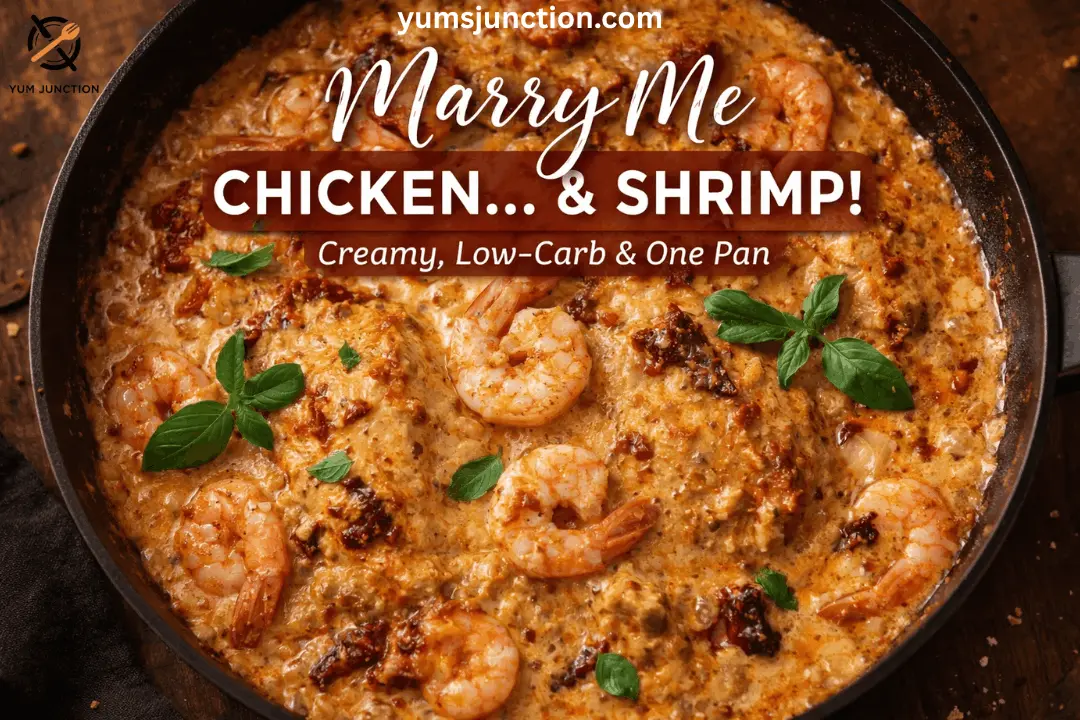A professional food graphic titled "Marry Me Chicken & Shrimp" showing the dish simmering in a black skillet. The image highlights a rich, creamy sauce with sun-dried tomatoes and fresh basil leaves. Text overlays describe the recipe as "Creamy, Low-Carb & One Pan" from yumsjunction.com.