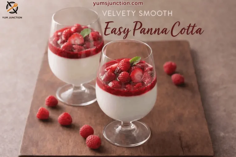 A vertical food graphic titled "VELVETY SMOOTH Easy Panna Cotta" in white and dark red text. The background features two glass goblets of white panna cotta topped with red berry sauce and fresh fruit, sitting on a wooden cutting board with scattered raspberries. The Yum Junction logo is in the top left corner, and the website "yumsjunction.com" is printed at the top center.