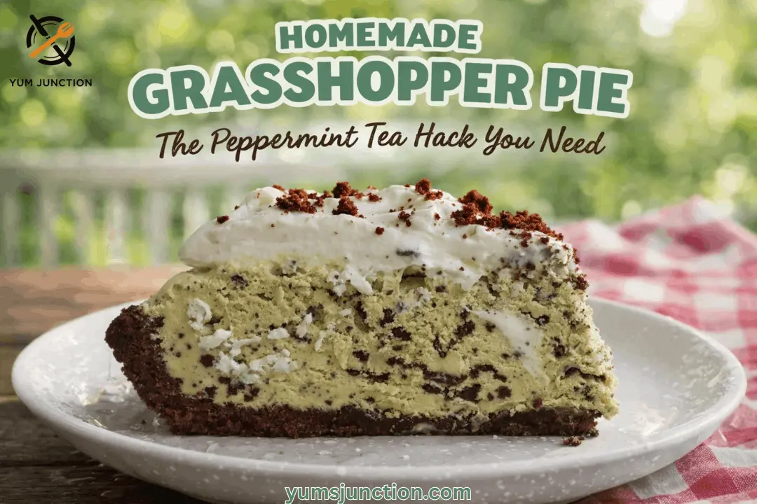 A horizontal food graphic with the heading "HOMEMADE GRASSHOPPER PIE" in bold green letters, followed by the tagline "The Peppermint Tea Hack You Need" in dark brown script. The image features a side view of a thick slice of pie on a speckled white plate. The slice reveals a dark chocolate crust, a dense mint-green filling filled with chocolate bits, and a heavy whipped cream topping sprinkled with cocoa crumbs. A red and white checkered cloth is blurred in the background. The Yum Junction logo is in the top left, and the website yumsjunction.com is at the bottom.