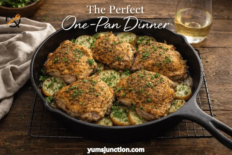 A horizontal promotional graphic for a Yum Junction recipe titled "The Perfect One-Pan Dinner" in white serif and elegant script text. The focal point is a black cast iron skillet resting on a black wire cooling rack over a dark wooden table. The skillet is filled with five crispy, golden chicken thighs and sliced potatoes, all freshly garnished with chopped green herbs. The background includes a glass of white wine, a linen napkin, and a bowl of greens in soft focus. The Yum Junction logo is in the top left corner, and the website URL "yumsjunction.com" is at the bottom center.