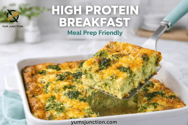 A horizontal promotional graphic titled "HIGH PROTEIN BREAKFAST" in bold white caps, with "Meal Prep Friendly" written in teal script below. The central image shows a white rectangular baking dish filled with a golden-brown egg bake topped with melted cheese and broccoli. A spatula with a teal handle lifts one square piece, with light steam rising from it. The Yum Junction logo is in the top left, and "yumsjunction.com" is at the bottom center against a bright, clean kitchen background.