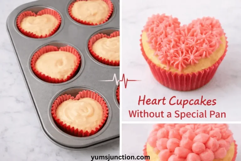 A three-part collage titled "Heart Cupcakes Without a Special Pan." The left panel shows a standard muffin tin filled with red cupcake liners that have been shaped into hearts using small objects. The right side features two close-up photos of the finished cupcakes: one with piped pink frosting stars and another with round pink frosting dollops. The website yumsjunction.com is at the bottom.