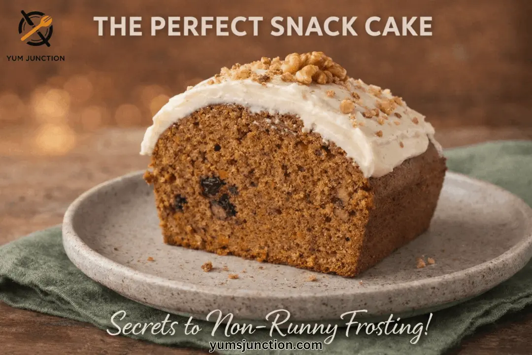A horizontal promotional graphic from Yum Junction. The center features a thick slice of spice cake on a speckled grey plate, which sits on a folded green linen napkin. The cake’s interior is moist and filled with raisins and walnut pieces, topped with a dense swirl of white frosting and walnut halves. Large white text at the top reads "THE PERFECT SNACK CAKE." At the bottom, elegant white script reads "Secrets to Non-Runny Frosting!" above the website address yumsjunction.com. The background is a warm, out-of-focus brown.