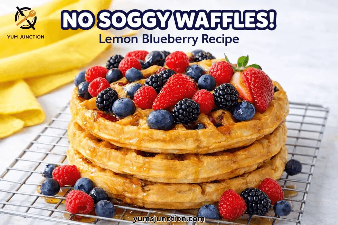 A horizontal food graphic from Yum Junction with the headline "NO SOGGY WAFFLES!" in bold white-and-blue text, followed by "Lemon Blueberry Recipe." The image shows three thick, golden waffles stacked on a metal wire cooling rack. The top waffle is heavily loaded with fresh strawberries, raspberries, blueberries, and blackberries. Glistening syrup is drizzled over the entire stack. A bright yellow kitchen towel is visible in the blurred background. The website URL yumsjunction.com is centered at the bottom.