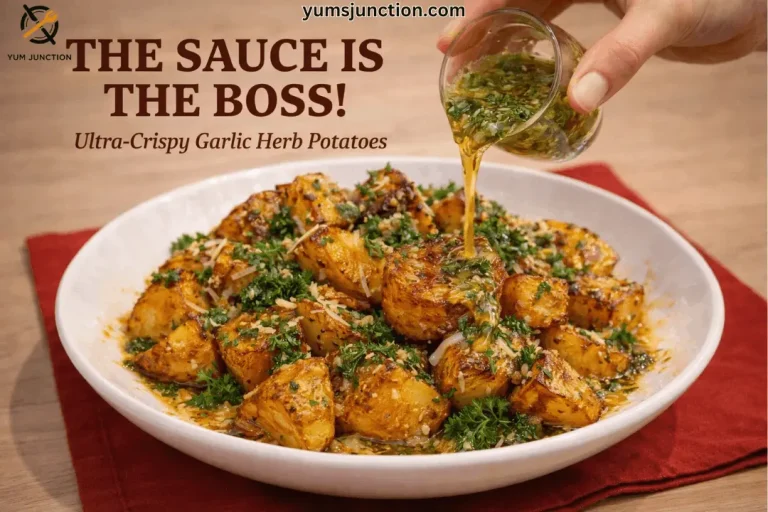 A horizontal food graphic with the headline "THE SAUCE IS THE BOSS!" in bold dark brown text, followed by "Ultra-Crispy Garlic Herb Potatoes." In the center, a hand is captured pouring a vibrant green herb-flecked oil from a small glass jar onto a large white bowl of crispy roasted potatoes. The potatoes are garnished with parmesan and parsley and sit on a red cloth napkin. The Yum Junction logo is in the top left corner, and the website URL "yumsjunction.com" is centered at the top.