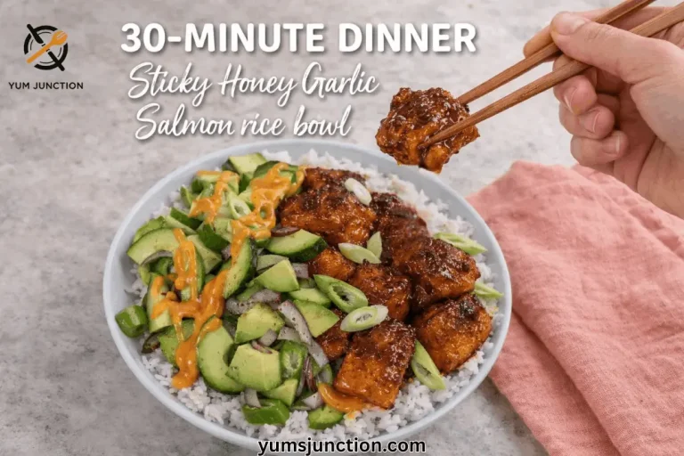 A landscape-oriented food graphic from Yum Junction. The top of the image features the text "30-MINUTE DINNER" in bold white caps and "Sticky Honey Garlic Salmon rice bowl" in white script. The central focus is a white bowl on a grey speckled surface. Inside the bowl, one side is filled with dark, sticky glazed salmon cubes garnished with green onions, while the other side contains a fresh salad of sliced cucumber, avocado, and red onion drizzled with orange spicy mayo. A hand enters from the top right, holding wooden chopsticks that lift a single glistening piece of salmon. A peach-colored linen napkin sits beside the bowl. The Yum Junction logo is in the top left, and the URL "yumsjunction.com" is at the bottom center.