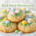 A promotional graphic for "Bird Nest Macaroons" featuring a stack of golden coconut macaroons on a white plate. Each macaroon is decorated with green-tinted coconut shreds in the center to resemble a nest and is topped with three pastel candy eggs in blue, yellow, and pink. Text at the top reads "EASY EASTER TREAT" and "Bird Nest Macaroons," with the Yum Junction logo in the corner.