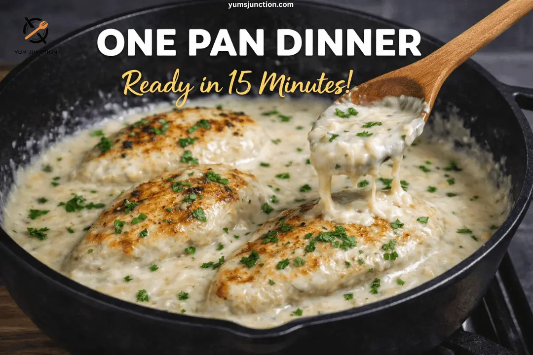 A promotional graphic for a "ONE PAN DINNER" that is "Ready in 15 Minutes!" It features three golden-brown seared chicken breasts in a rich, creamy sauce topped with parsley. A wooden spoon lifts a portion of the thick sauce, showing its cheesy, stretchy texture. The Yum Junction logo and website address are at the top.