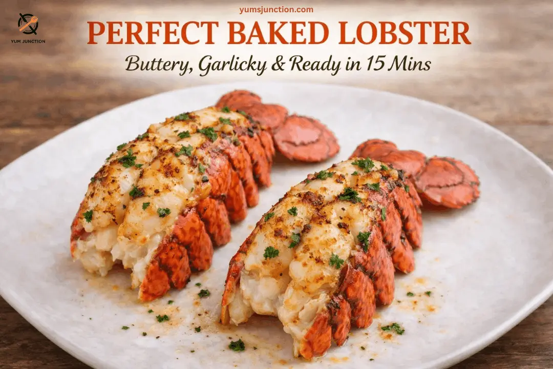 A professional food graphic for "PERFECT BAKED LOBSTER" featuring two seasoned lobster tails on a white plate. The lobster meat is pulled through the top of the shells and drizzled with a rich butter sauce and fresh parsley. Bold text at the top reads "PERFECT BAKED LOBSTER" and "Buttery, Garlicky & Ready in 15 Mins" with the Yum Junction logo in the corner.
