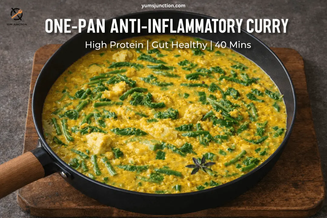 A promotional graphic for "ONE-PAN ANTI-INFLAMMATORY CURRY." The image shows a black skillet filled with yellow curry and green beans on a wooden board. Overlaid text says "High Protein | Gut Healthy | 40 Mins." The Yum Junction logo and website yumsjunction.com are at the top.