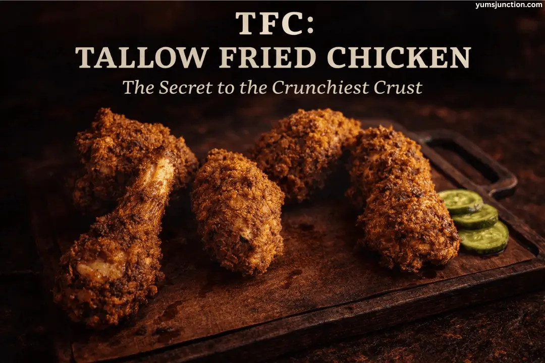 A moody, professional food photograph featuring five pieces of deep golden-brown fried chicken on a rustic wooden board. The chicken has a very thick, textured, and crunchy crust. A few sliced pickles are on the side. Text at the top reads "TFC: TALLOW FRIED CHICKEN" and "The Secret to the Crunchiest Crust." The website "yumsjunction.com" is at the top right.