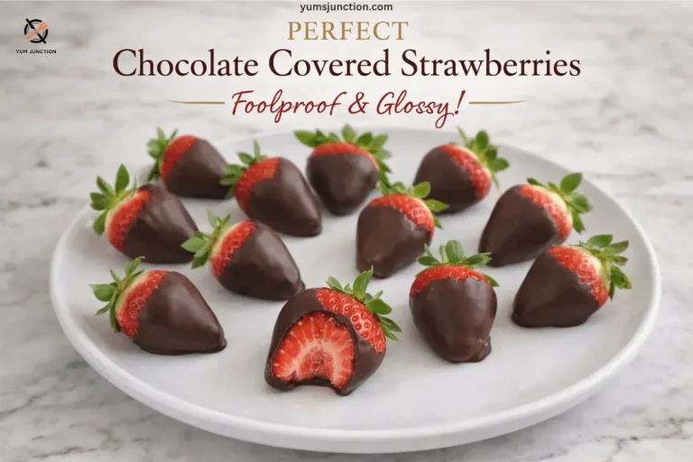 A promotional food graphic for "Perfect Chocolate Covered Strawberries." The image shows a plate of glossy, dark chocolate-dipped strawberries on a white marble background. In the foreground, one strawberry has a bite taken out of it, revealing the bright red, juicy fruit inside. The text at the top reads "yumsjunction.com," "PERFECT Chocolate Covered Strawberries," and "Foolproof & Glossy!"