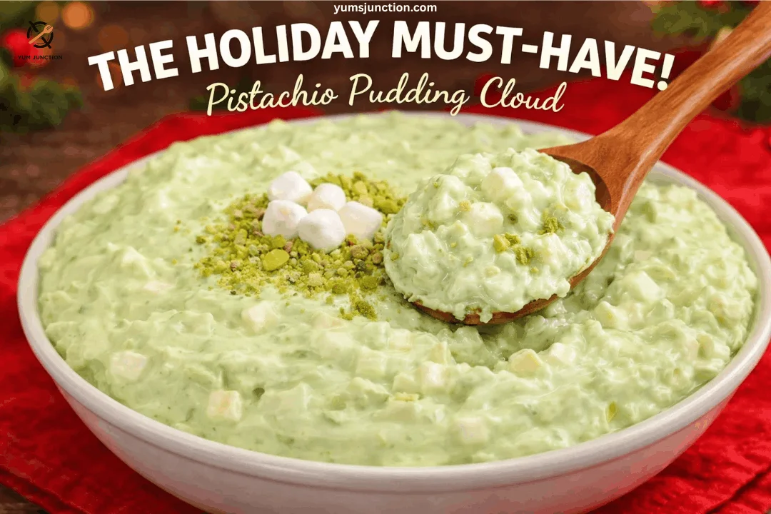 A promotional graphic for "THE HOLIDAY MUST-HAVE! Pistachio Pudding Cloud." A wooden spoon lifts a generous portion of the creamy, light green salad from a white bowl. The salad is garnished with crushed pistachios and mini marshmallows. The bowl sits on a red cloth with blurry holiday greenery in the background. The Yum Junction logo and website address are at the top.