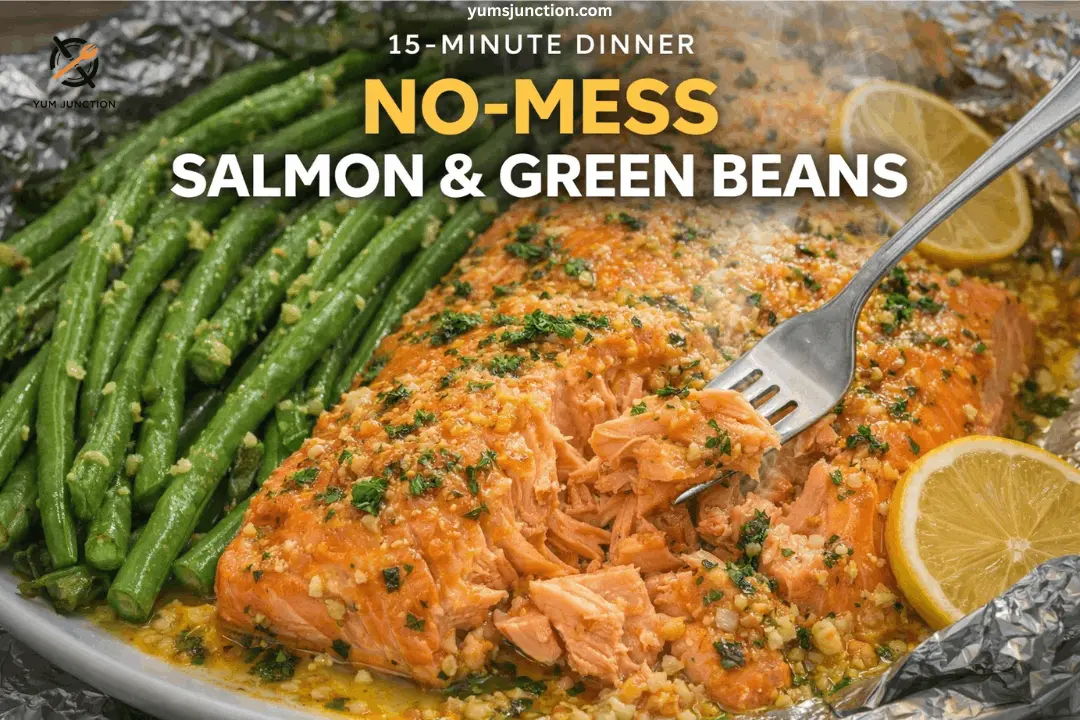 A promotional graphic for a "15-Minute Dinner" featuring "No-Mess Salmon & Green Beans." The image shows a close-up of a flaky baked salmon fillet topped with a garlic-herb butter, next to a pile of tender green beans. A fork is lifting a bite of the salmon, and fresh lemon slices are visible on the side. The food is presented in an aluminum foil-lined tray.